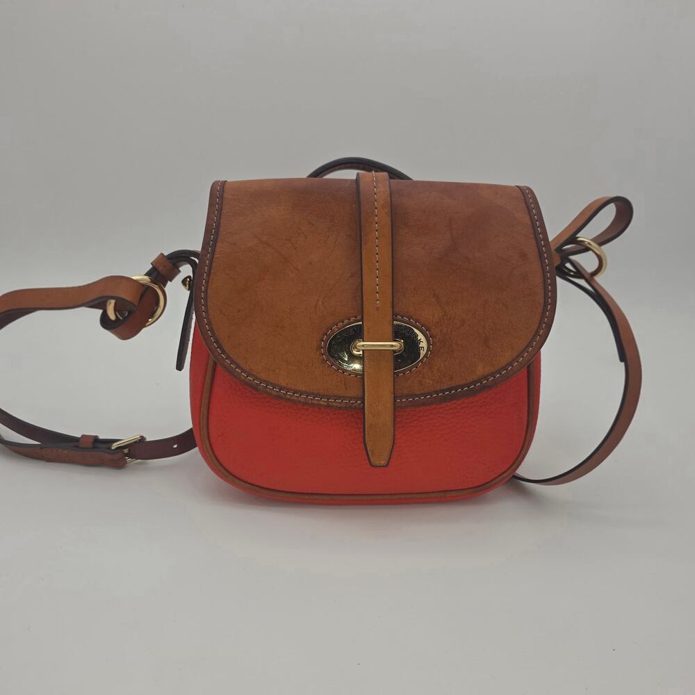 Dooney & Bourke Two-Tone Saddle Crossbody – Coral & Tan, Gold Hardware